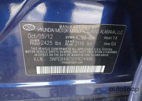 2013 Hyundai Sonata Gls из США, поврежденный, VIN 5NPEB4AC5DH624496